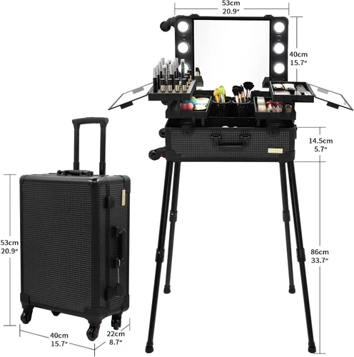 Miniatura 4 de Maletín de aluminio para maquillaje con luces LED, organizador profesional de cosméticos con altavoz, ruedas y soportes, estación de tocador