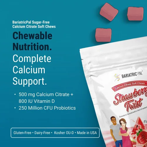 Miniatura 2 de BariatricPal Masticables suaves de citrato de calcio sin azúcar, 500 mg con probióticos (90 unidades) - Fresa Twist