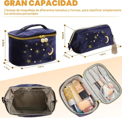 Miniatura 2 de Patelai 2 bolsas de maquillaje de terciopelo con estrellas y luna, bolsas de cosméticos góticas bordadas, bolsa de maquillaje portátil de viaje