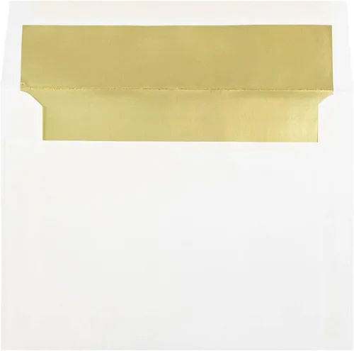 Miniatura 18 de JAM PAPER Sobres de invitación forrados de papel de aluminio de 3 7/8 x 8 1/8, color blanco con lámina dorada, paquete de 50 unidades Papel dorado