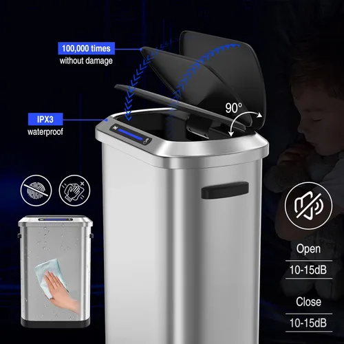 Miniatura 4 de Bote de basura automático inteligente de 13 galones con tapa de sensor de movimiento, cubo de basura de acero inoxidable de 50 litros sin contacto