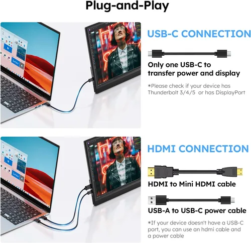 Miniatura 4 de Monitor portátil para portátil FHD 15.6 "1080P Ultra-Slim USB-C y HDMI Segunda pantalla externa para portátil Monitor de viaje Dual Altavoz-Screen