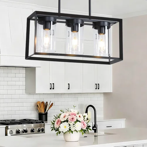 Miniatura 9 de Paquete de 1 lámpara colgante de isla de cocina negra de granja, altura ajustable, barra de metal colgante moderna con jaula de metal, pantalla