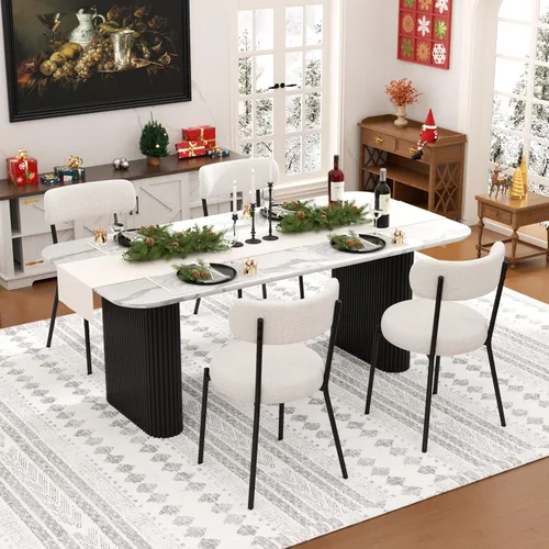 Miniatura 25 de Juego de mesa de comedor ovalada negra moderna de 70.9 pulgadas para 4, mesa de cocina rectangular estilo crema con sillas negras Boucle, juego