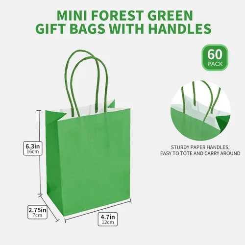 Miniatura 3 de DjinnGlory Paquete de 60 mini bolsas de regalo de papel verde con asas para cumpleaños, bodas, baby shower, regalos de fiesta, pequeñas bolsas