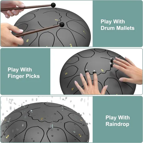 Miniatura 4 de Tambor de lluvia para jardín exterior, 8 pulgadas, 11 notas, tambor de chakra de lengüetas de acero, campanilla de lluvia de meditación impermeable