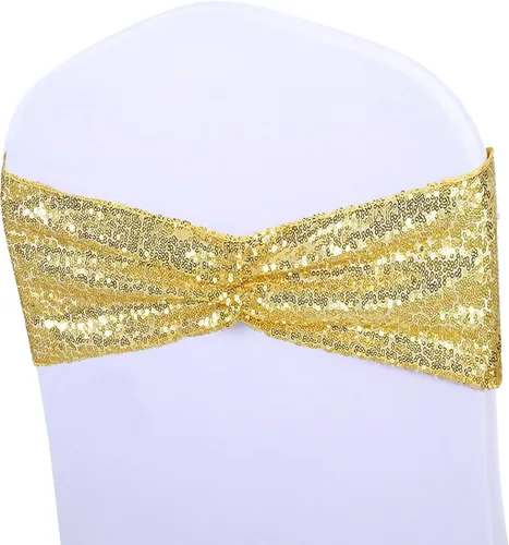 SquarPie - Paquete de 50 bandas para silla, de elastano elástico dorado, lazos de lentejuelas unilaterales para decoración de bodas, fiestas