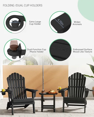 Miniatura 4 de Plawdlik Juego de 2 sillas plegables Adirondack de HDPE, sillas de patio al aire libre resistentes con soportes dobles para tazas, silla para Negro