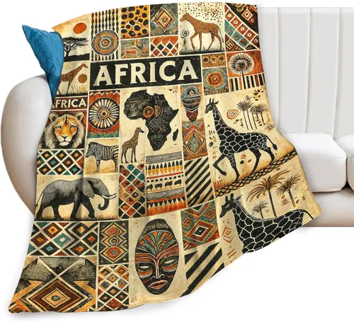 Miniatura 2 de Manta con diseño étnico de mapa tribal africano, diseño vintage de animales de safari africanos, manta suave y acogedora de vellón mullido, mantas