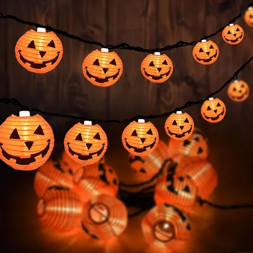 Miniatura 9 de Luces de calabaza de Halloween para exteriores, 10 luces LED de calabaza de 8.5 pies, impermeables, calabazas iluminadas para interiores y Linda