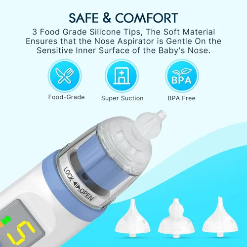 Miniatura 8 de Aspirador nasal eléctrico para bebé, aspirador nasal para niños pequeños, aspirador de nariz recargable para bebés, limpiador de nariz con 3 puntas