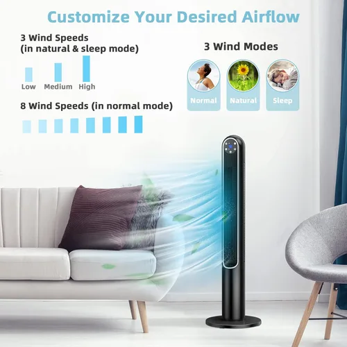 Miniatura 2 de Tangkula Ventilador de torre de 42 pulgadas con control remoto, ventilador de pie oscilante de 80˚ con pantalla LED, temporizador de 12 horas y 3