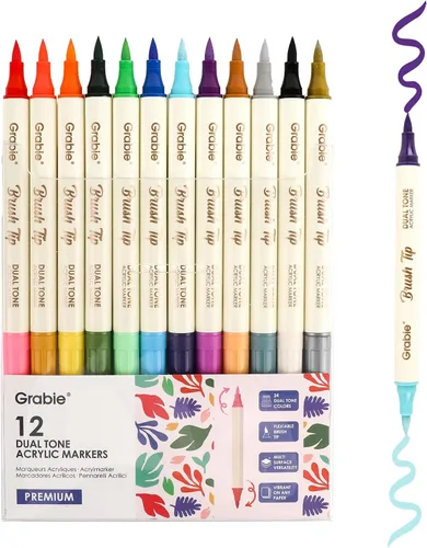 Grabie - Marcadores de Pintura de 24 Colores, Rotuladores de Pintura Acrílica con 12 Puntas de Pincel de Doble Color, Marcadores Acrílicos de Dos