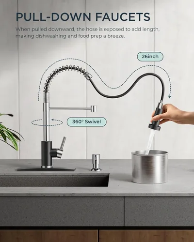 Miniatura 3 de FORIOUS Grifo de cocina con rociador extraíble, grifo de fregadero clásico de resorte extraíble de acero inoxidable comercial de una sola manija