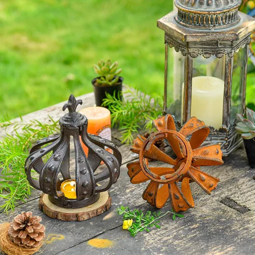 Miniatura 4 de Sungmor Escultura de corona de hierro fundido, marrón antiguo con acento rústico, cubierta de vela creativa, centro de mesa, estatua de corona