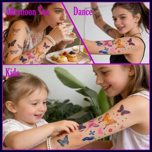 Miniatura 8 de Tatuajes temporales de neón UV, 12 hojas de tatuajes de fiesta que brillan en la oscuridad para adultos y niñas, patrones de doble vibración