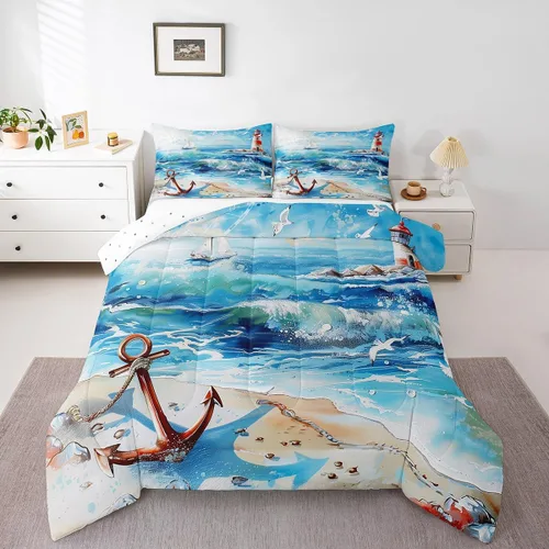 Miniatura 9 de Castle Fairy Juego de edredón de verano para niños, tamaño individual, diseño náutico reversible con diseño náutico de estrellas de mar, barco y Azul