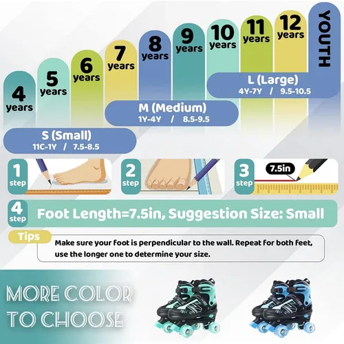 Miniatura 2 de Patines de ruedas para niños y niñas, niños pequeños, principiantes, ajustables, 4 tamaños, patines cuádruples para niños con todas las ruedas Negro