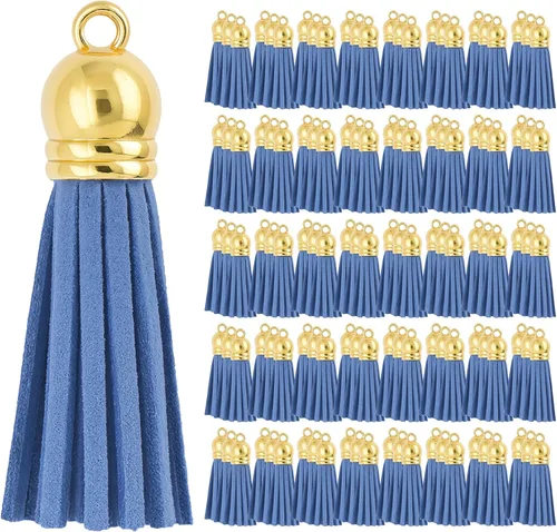 Miniatura 106 de Mandala Crafts 100 borlas de gamuza sintética color aguamarina con tapa dorada, suministros para hacer llaveros a granel, pequeñas borlas de cuero