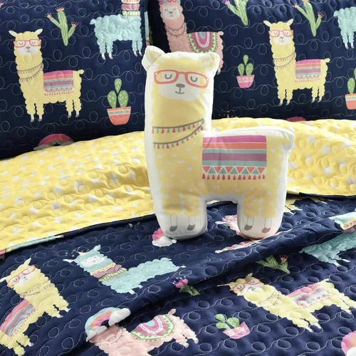 Miniatura 3 de Lush Decor Southwest - Juego de edredón de cactus de llama, juego de 3 piezas, matrimonial/queen, azul marino y amarillo, juego de ropa de cama