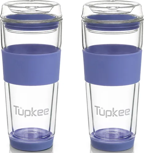Miniatura 10 de Vaso de vidrio de doble pared de 14 onzas, vaso de té/café aislado reutilizable de vidrio soplado a mano y con tapa, vaso de viaje - Jacaranda