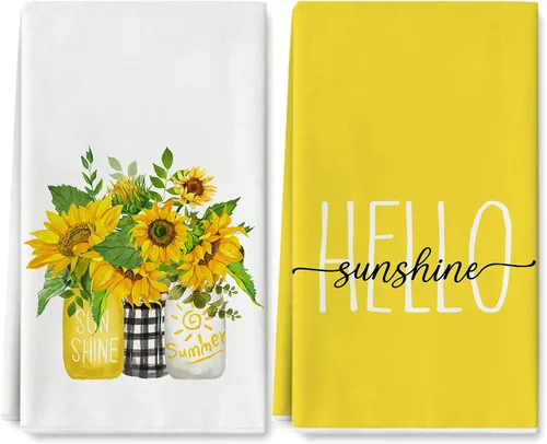 AnyDesign Toalla de cocina de girasol de 18 x 28 pulgadas, paños de cocina Hello Sunshine, toalla de cocina decorativa de verano con flores