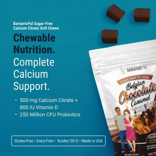 Miniatura 2 de BariatricPal Citrato de calcio sin azúcar, masticables suaves, 500 mg con probióticos (90 unidades) - chocolate belga caramelo