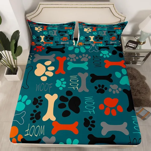 Sábanas de cama con estampado de patas de perro para niños, sábana bajera ajustable de huesos coloridos para los amantes de los perros, juegos de