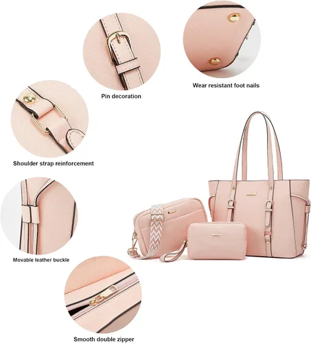 Miniatura 114 de Juego de 4 bolsas modernos para mujer de cuero sintético: bolso tote, bolso de hombro, bolso de mano y cartera.