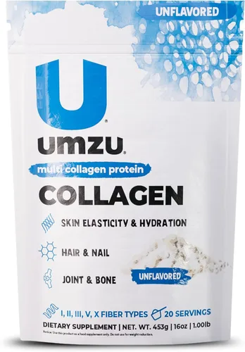UMZU zuCollagen - Polvo de proteína de colágeno múltiple, sin sabor, 5 tipos de colágeno I II III V X - Suplemento alto en proteínas y bajo en