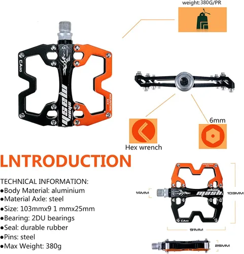 Miniatura 7 de Pedales de Bicicleta - Pedales de Bicicleta de Aleación de Aluminio - Pedales de Bicicleta de Montaña con Tacos Antideslizantes Extraíbles 9/16