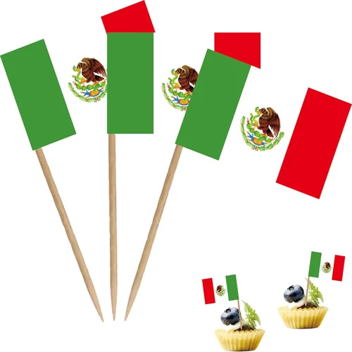 Bandera mexicana de palillos de dientes mexicano MX National Mini Cocktail Fruit Cupcakes Toppers Food Stick Banderas decoraciones, paquete de 100
