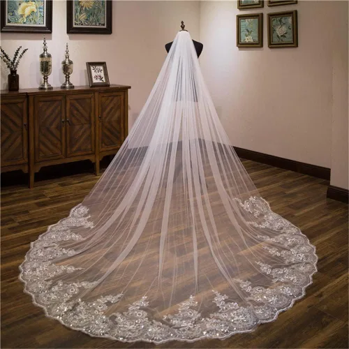 Miniatura 3 de velo de boda con borde de encaje largo y lujoso velo de novia con lentejuelas blancasvelo marfil con peine catedral de una capa de 9.8ft de boda