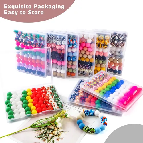 Miniatura 6 de 70 cuentas de silicona impresas para hacer llaveros, cuentas redondas de silicona de 0.59 pulgadas para hacer bolígrafos, collares y pulseras
