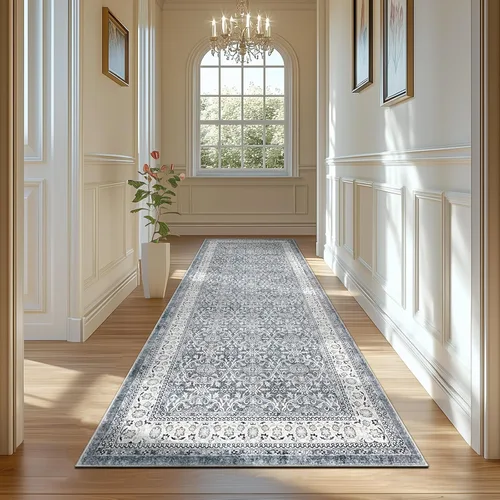 Miniatura 12 de Jinchan Fiora - Alfombra redonda de 8 pies, alfombras vintage con diseño floral envejecido, lavable a máquina, antideslizante, de pelo bajo, Azul
