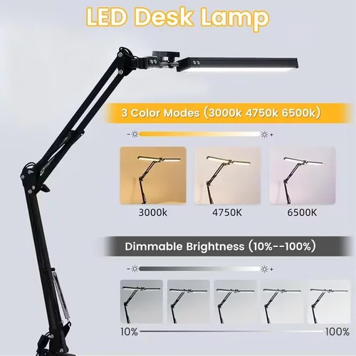Miniatura 2 de Lámpara de escritorio LED, lámpara de brazo oscilante ajustable con abrazadera, luz de escritorio de lectura que cuida los ojos, 10 niveles
