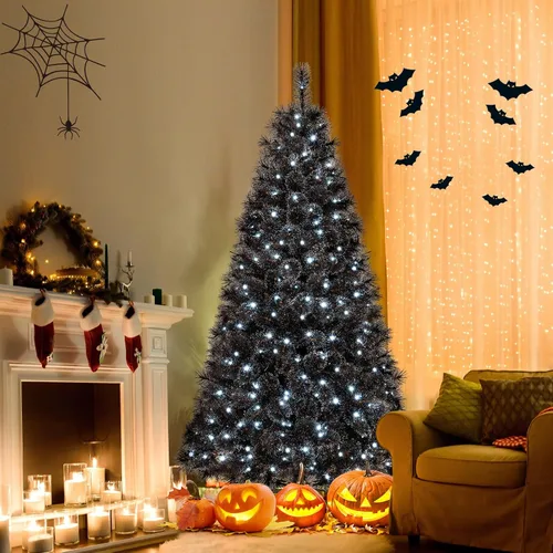 Miniatura 2 de Goplus - Árbol de Navidad artificial negro de 7 pies con luces preinstaladas, árbol de Halloween artificial, árbol de Navidad completo con bisagras