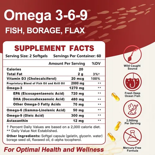 Miniatura 2 de ZEBORA Triple Omega 3-6-9 - Aceite de pescado de 2000 mg - Alta potencia con vitamina D3 y astaxantina, apoyo para la salud cardíaca, cerebral e