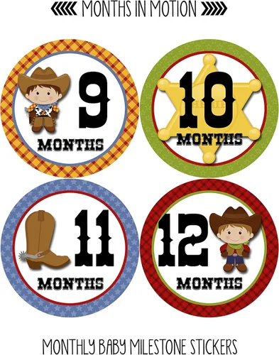 Miniatura 4 de Calcomanías mensuales para bebé, calcomanías de hitos mensuales, calcomanías del mes del bebé para niño, vaquero occidental, estilo 340