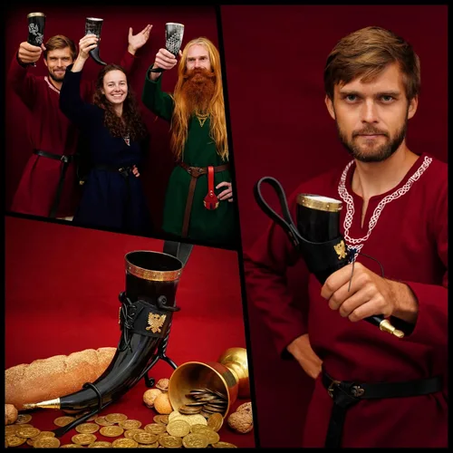 Miniatura 4 de Mythrojan Cuerno vikingo para beber 100% natural, auténtico, decoración de latón, cuerno nórdico con funda de cuero negro, bolsa de lona para vino