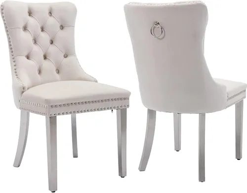 Miniatura 26 de ODUSE-DAILY - Juego de 4 sillas de cocina y comedor de terciopelo beige, tapizadas en tela, respaldo alto con alas, anilla metálica, estructura