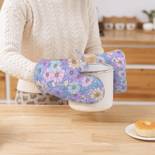 Miniatura 7 de Oven Mitts Pot Holders Set Daisy Flower Pastel Color Silicone Kitchen Gloves Potholders Heat Resistant for Chef Baking Cooking Grilling BBQ 4 Pack