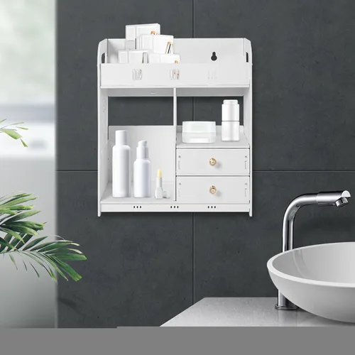Miniatura 7 de Armario de baño, estante montado en la pared con cajón, estantes de madera para medicamentos, organizador de almacenamiento sobre el inodoro