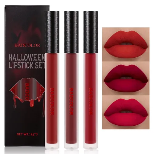 Miniatura 9 de Juego de lápiz labial líquido mate BADCOLOR de 3 colores, maquillaje de Halloween en púrpura, burdeos y rosa roja, juego de brillo labial de alta