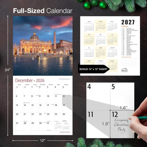 Miniatura 5 de MICASA PRESS European Destinations - Calendario de pared 2026 de 12 meses 12 x 24 pulgadas abierto Papel grueso y resistente Regalar