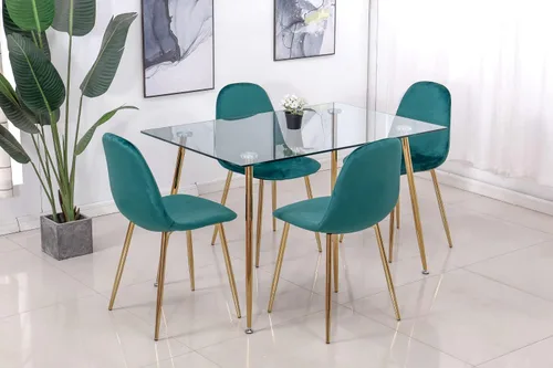 Miniatura 8 de Juego de 4 sillas de comedor de terciopelo, modernas sillas de cocina verde esmeralda con patas cromadas doradas, cómodas y elegantes sillas