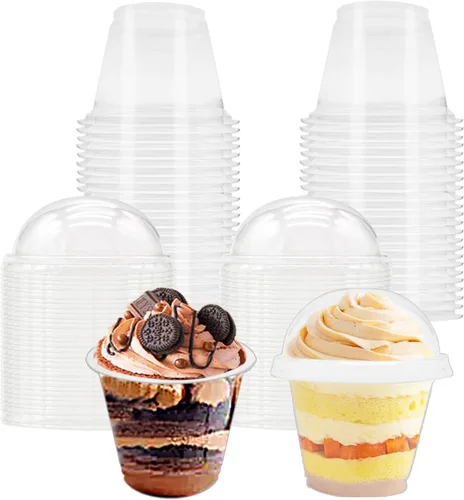 Szsrcywd 50 paquetes de 9 onzas de vasos de plástico transparente, vasos desechables para postres con tapas de cúpula sin agujero, vaso de PET