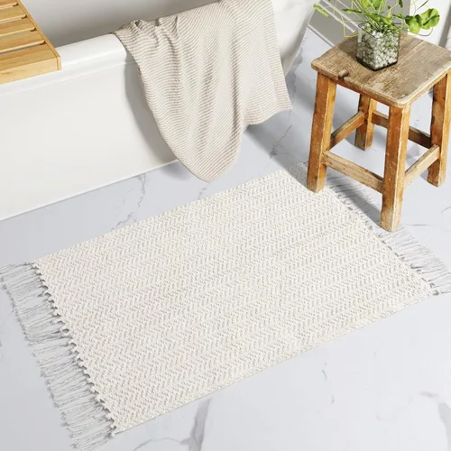 Miniatura 18 de Lahome Alfombras de baño bohemias, alfombra pequeña de 2 x 3 pies, alfombra ligera para entrada, alfombra de algodón tejida con borlas, alfombra