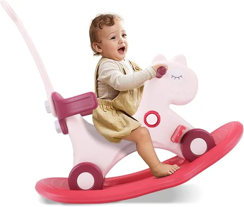 Ancaixin Caballo mecedor 4 en 1 para niños pequeños de 1 a 3 años de edad, juguetes de paseo en bicicleta de equilibrio con asa de empuje, respaldo