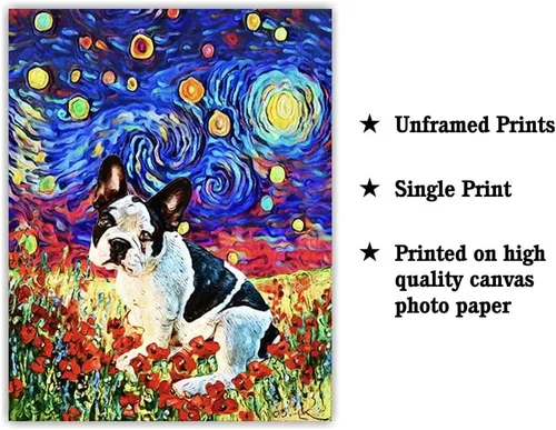 Miniatura 2 de Bestbuddy Pet 8X10 sin marco noche estrellada bulldog francés blanco negro animales amante familia paz amor pintura al óleo impresión arte impresión